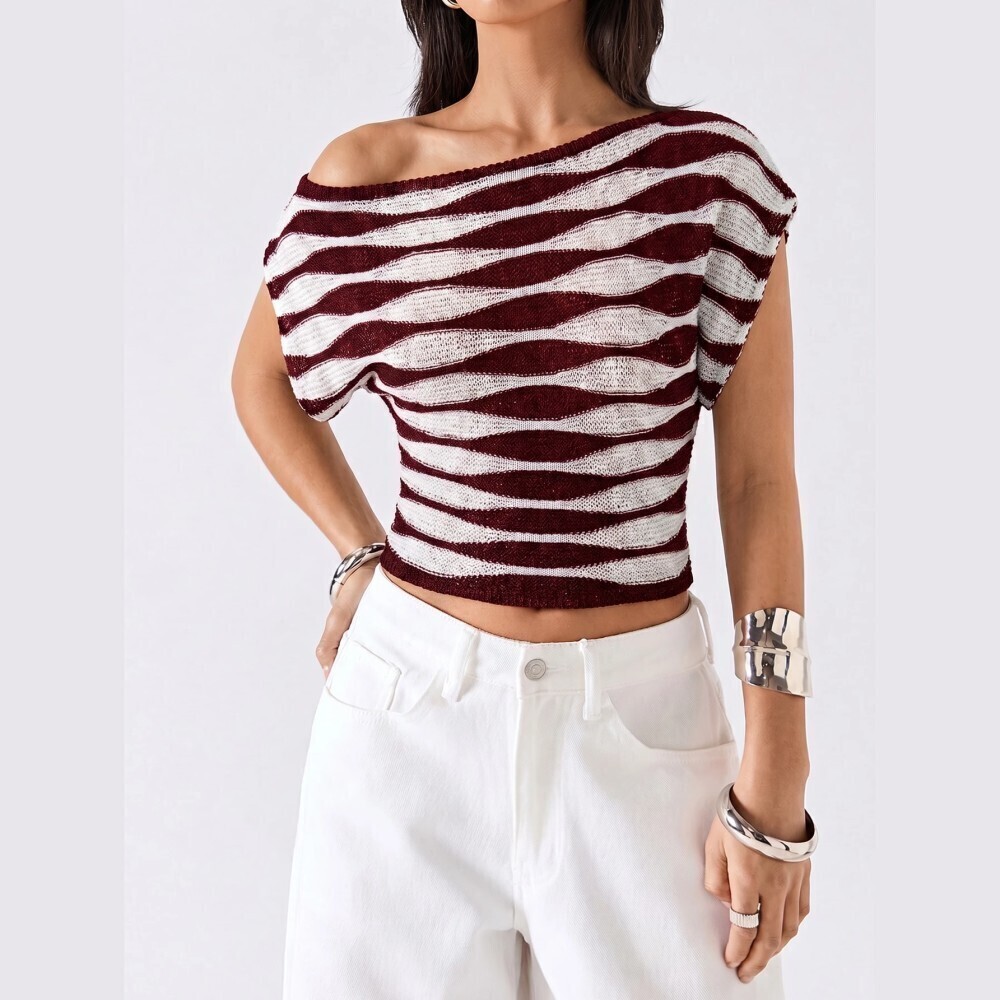 Burgundy / White Wave Stripe Asymmetrical Off Shoulder Neck Knit Crop Top